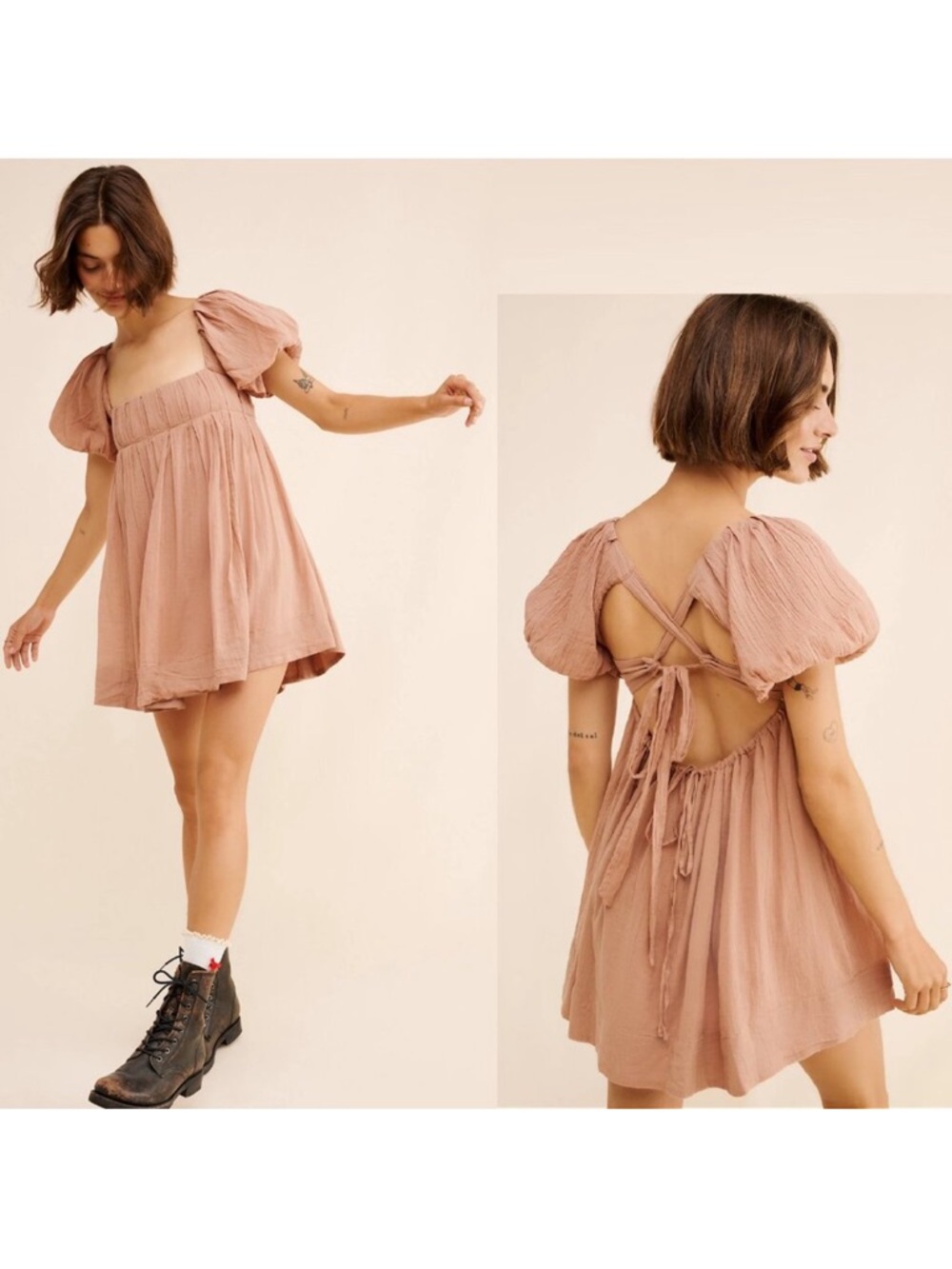Free People Dusty Rose Puff-Sleeve Open-Back Mini Dress T45